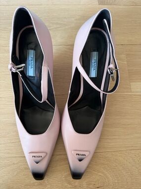 Prada Blush Pink Pointed-Toe Ankle-Strap Pumps with Black Toe Dip and Heel Detai